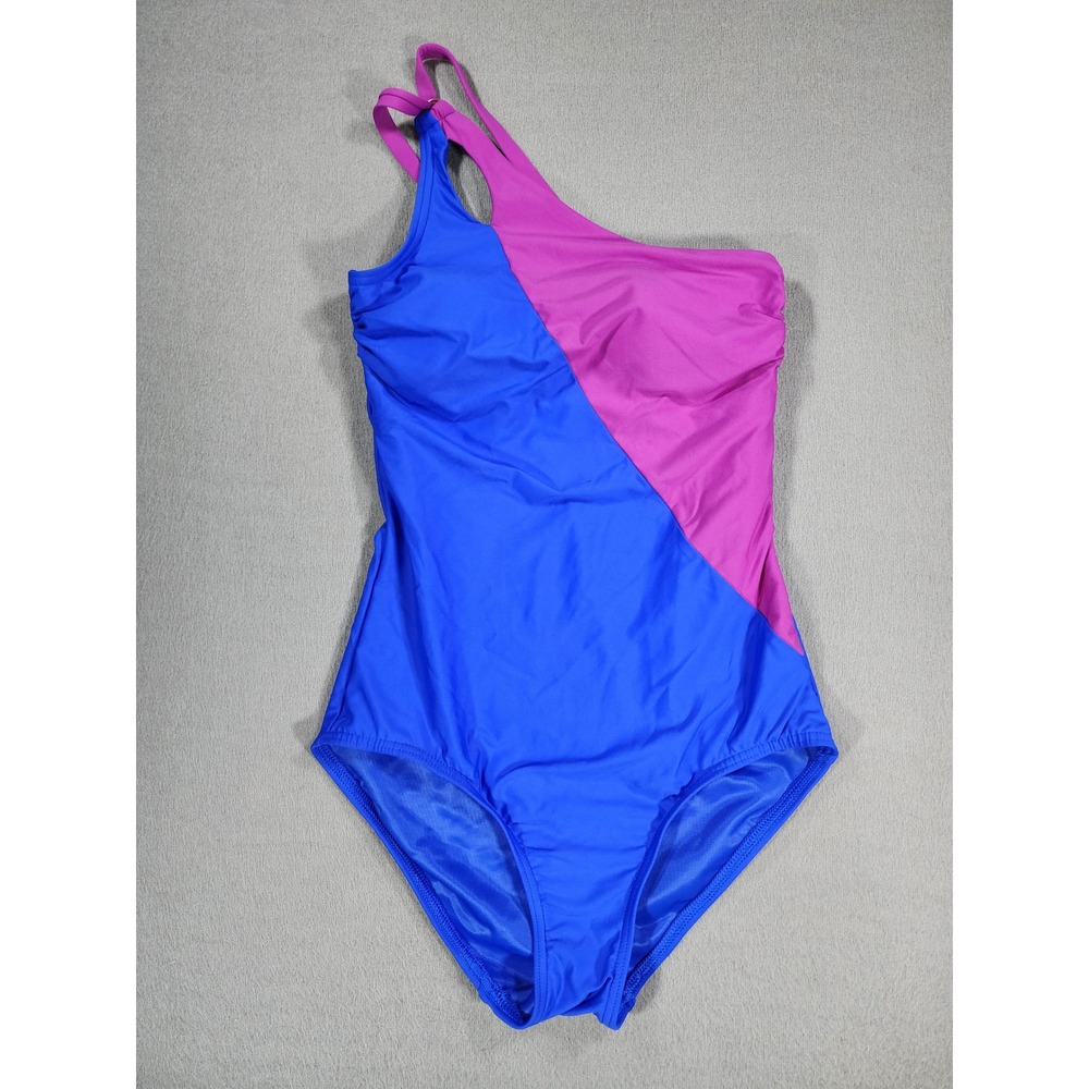Lands' End One Shoulder Color Block Swimsuit Size 6 Blue Pink Retro Sporty Bold